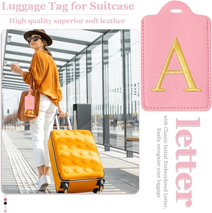 Personalized Initial Luggage Tags for Suitcases,Leather Letter Cute Luggage Tags with Privacy Name Card,Embroidered Monogrammed Travel Bag Backpack Tag Gifts for Women Kids Girls Teens(Pink-A)