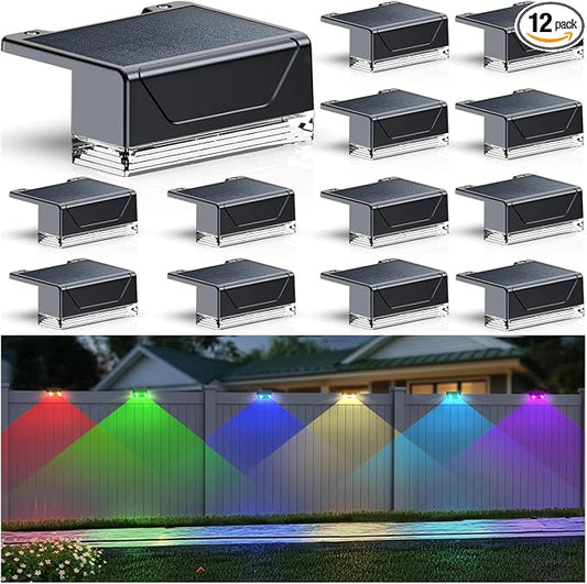 LIANGLOME 12PK Solar Fence Lights Outdoor Waterproof LED - Warm White & RGB 6 Color, Dusk to Dawn Deck Light, IP65 Waterproof Garden Lights for Outside/Backyard/Railing/Step/Patio/Wall