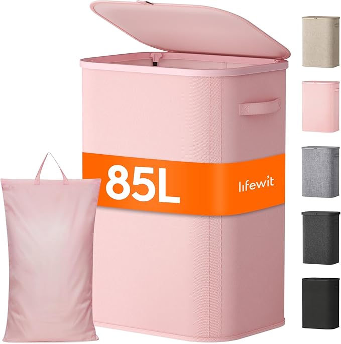 Lifewit 85L Large Laundry Basket with Lid, Laundry Hamper with Plastic Handles and Removable Bag, Foldable Tall Dirty Clothes Hampers for Laundry for Laundry Room, Bedroom, Bathroom, Dorm, Pink