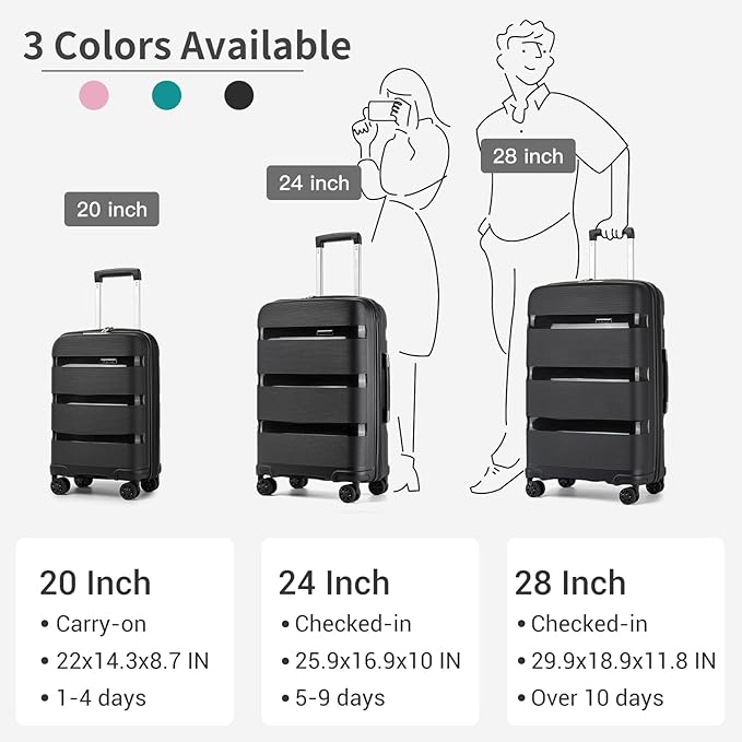 Kono Carry On Luggage 24 Inch Checked-Medium Hard Shell Travel Trolley 4 Spinner Wheels Lightweight Polypropylene Suitcase with TSA Lock, Black