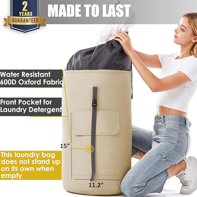 Backpack Laundry Bag, 115L Heavy Duty Extra Large College Laundry Backpack, Dirty Clothes Bag with Shoulder Straps, Laundry Hamper Bag with Drawstring Closure for College Dorm, Apartment Khaki