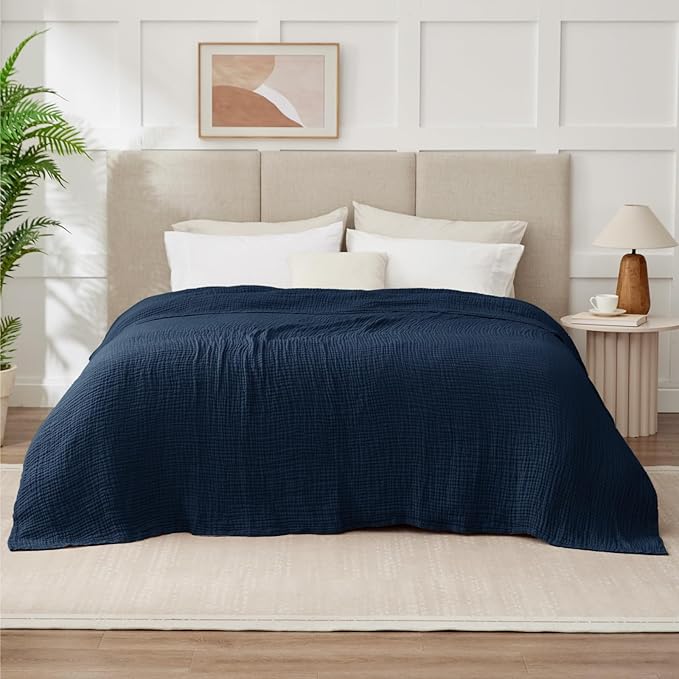 100% Cotton Muslin Blanket Large 50" x 70", 6 Layers Breathable and Lightweight Navy Throw Blanket for Bed and Couch, Soft Quilt Bedspread, Gauze Blanket for Adults All Season, Navy, Dark Blue