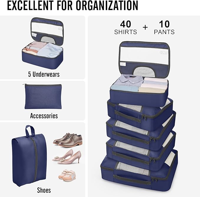 Veken 10 Set Packing Cubes for Travel Essential, Suitcase Organizer Bags in 4 Sizes, Carry-On Luggage Accessories with Large Laundry & Hanging Toiletry Bag, Must-Have for Airplane, Road Trip & Camping