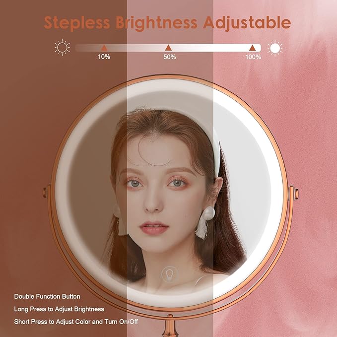 DEIOVWXS Makeup Mirror, 3000mAh Rechargeable Double-Sided Magnifying Vanity Mirror with 3 Colors, 1X/10X, 360° Rotation, Adjustable Brightness, Gifts for Mom, Women,Wife, Girls, Dorm Room Essential