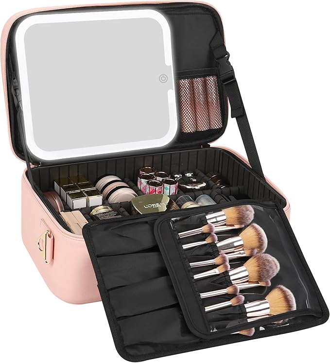 Relavel Travel Makeup Bag With LED Mirror, Portable Cosmetic Bag Organizer with Adjustable Brightness in 3 Color Scenarios, Professional Large Cosmetic Train Case with Shoulder Strap - Pink