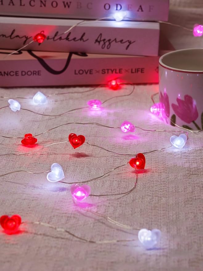 Heart Fairy Lights Battery Operated Valentines String Lights Red Pink White | 10FT 30LED, Timer, Waterproof Silver Wire, Cuttable Fairy String Light Indoor for Anniversary Wedding Christmas Home Decor