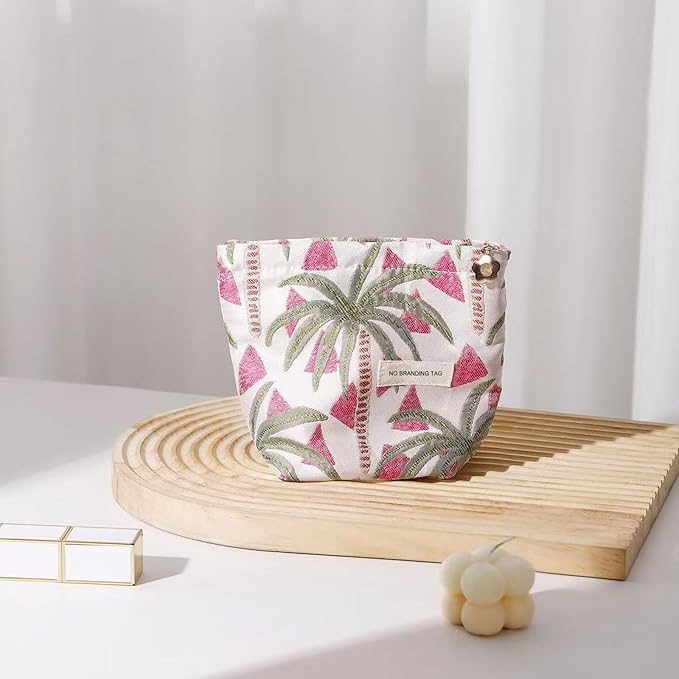 HAPPYHEIDI Makeup Bag Set 2, Cute Cosmetic Pouch, Coconut Trees Pattern, Cotton Blend, Floral, Zipper, 2 Count
