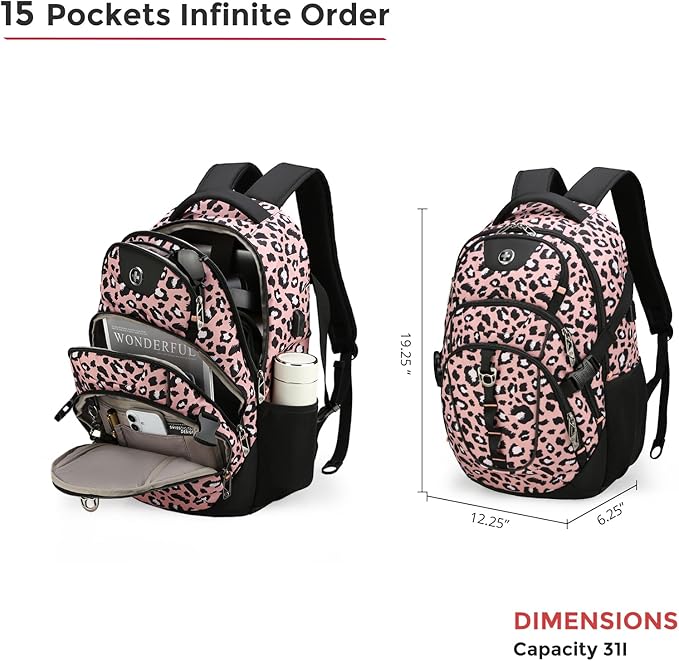 Swissdigital Laptop Backpack with USB Charging Port, Travel Backpack Fits 15.6 inches Computer, 31L Backpack for Women, Pink Leopard | SD803-102