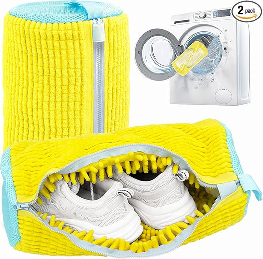 Shoe Washing Machine Bag,Laundry Shoe Bag for Washer and Dryer,Reusable Shoe Cleaning Bag for Sneakers,Tennis Shoes,With Self-locking Zipper, Microfiber Inside (Lite Yellow - 2 Pack)
