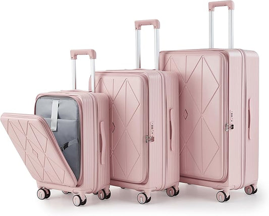Merax Luggage Sets 3 Piece,Front Open PC Hardshell Expandable Carry on Suitcase with Spinner Wheels and TSA Lock,Lightweight 20in/24in/28in Luggage,Pink-1