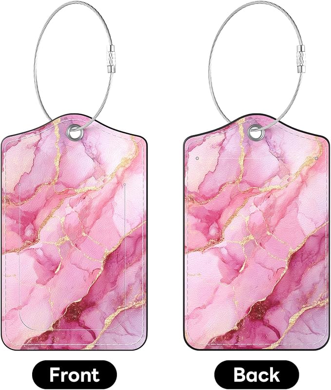 2 Pack PU Leather Luggage Tags for Suitcases, Privacy Protection Cover with Stainless Steel Loop and Address Card, Travel Cruise Essentials (Pink Gold Marble)