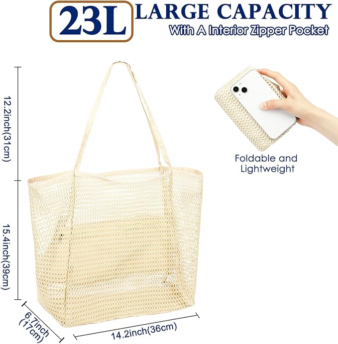 Fammart Mesh Beach Bag, Large Beach Tote with Zipper Pocket, Toys Pool Bag for Family Travel Vacation Cruise Essentials