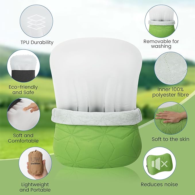 Camping Pillow with Removable Cover - Ultralight Inflatable Pillow for Camping Lightweight, Ergonomic and Washable for Camping, Hiking, and Travel Green