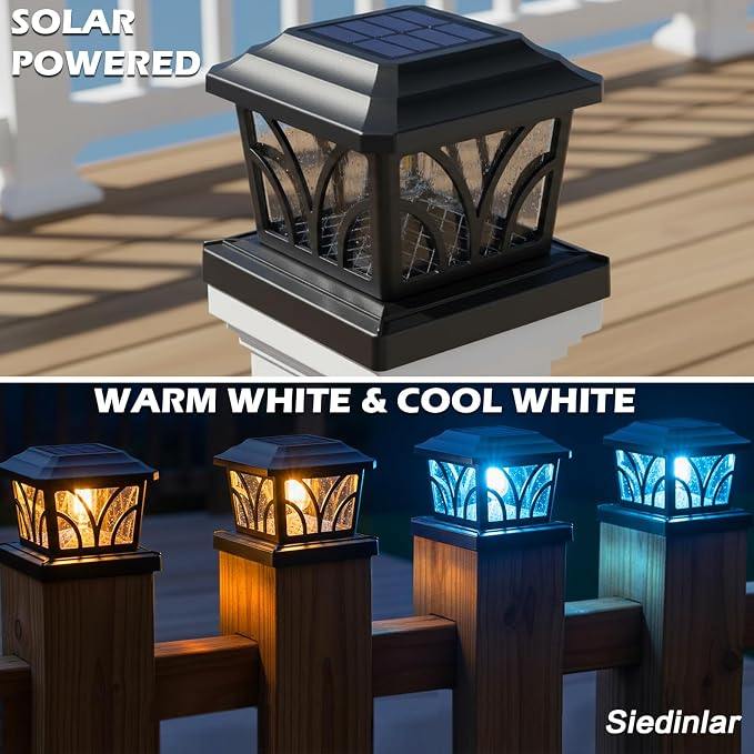 SIEDiNLAR Solar Post Cap Lights Outdoor, Aluminum Glass 2 Modes Fence Post Caps for 4x4 5x5 6x6 Vinyl Wooden Posts Fence Deck Patio Decor, Warm White/Cool White Lighting 2 Pack (Black)
