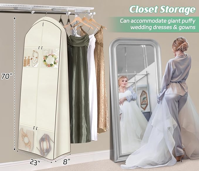 MISSLO Portable 70" Wedding Dress Garment Bag with Bride Tote Bag 8'' Gusseted Dress Bags for Gowns Long 4 Pockets Dress Cover for Women, Beige
