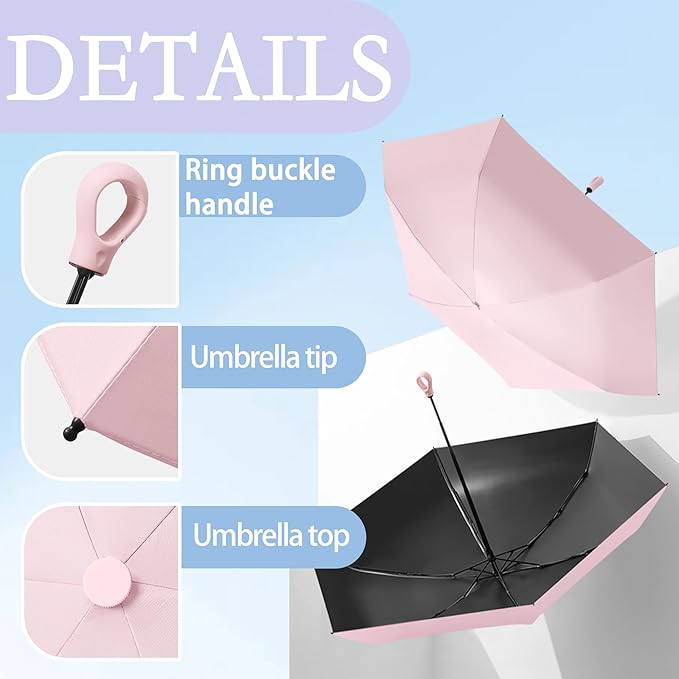 Mini Compact Folding Travel Umbrella with Carabiner Ring Handle,Fiberglass Ribs,UV Protection,UPF 50+ UV Sun Rain Protection,Lightweight Small,Handbag,Teflon Coating,Women Kids