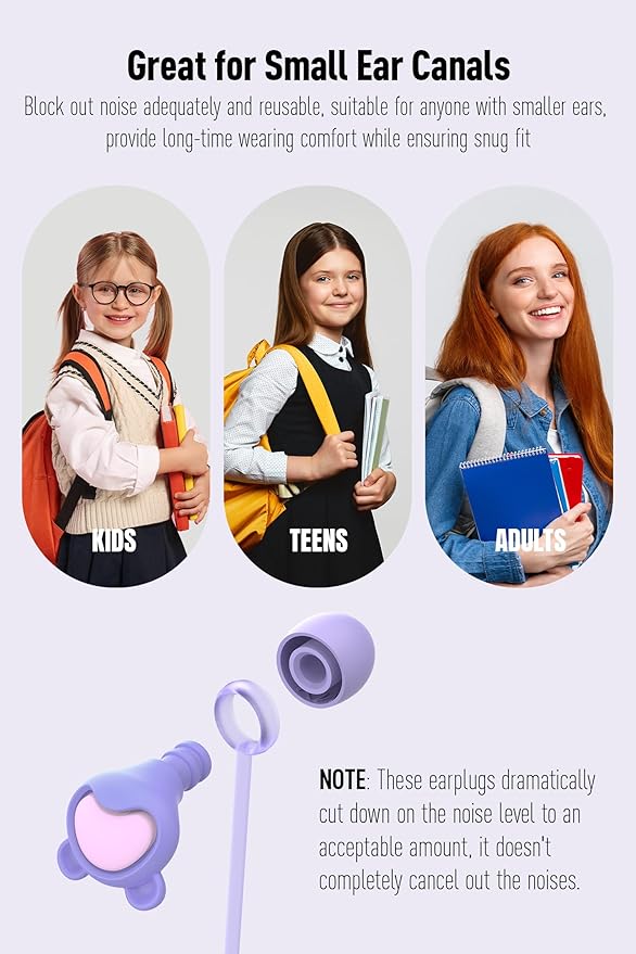 Kids Ear Plugs (6-12 Years) with Cord, Kids Ear Protection Reusable Noise Relief Earplugs for Focus, Travel, Concert, Socializing, Events, Sleep, Anxiety, Home, School, Playtime -26dB Noise Reduction