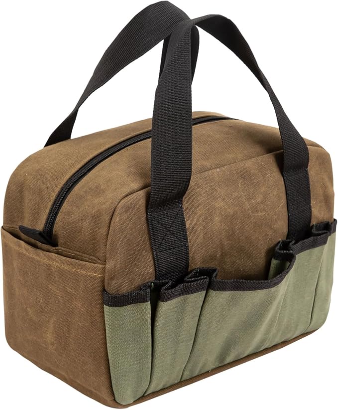 Small Tool Bag, Canvas Tool Storage Bag, Large Capacity Multipurpose Zipper Soft Tote Organizer Pouch for Electrician, Plumbing, Gardening,Tools Bags for Men (Brown, 12 Inch)