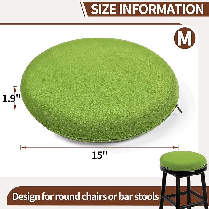 BUYUE Memory Foam Seat Cushion, Dia 15" Soft Velvet Round Stool Cushion Anti-Slip Chair Pads, M, Green