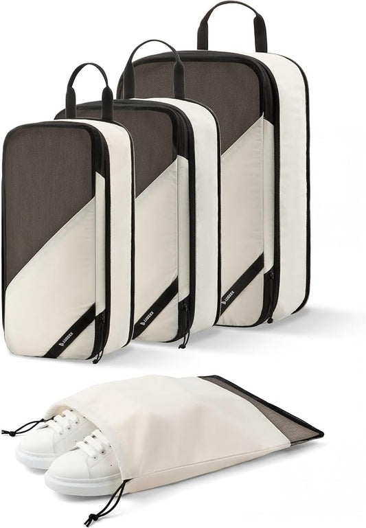 LUGGEX Packing Cubes for Travel, POX01 Luggage Organizers Bags, Suitcase Organizer with Shoe Bag, 4 Set Travel Cubes for Packing (POX-Core, Beige)