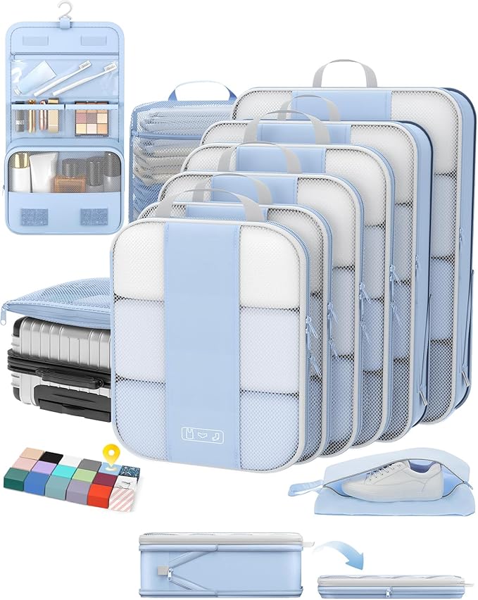10 Set Compression Packing Cubes for Travel Essentials,Compressible Expandable Packing Cubes for Suitcase,OlarHike Luggage Organizer Bags for Travel,Handy Helper for Organizing Clothes(Light Blue)