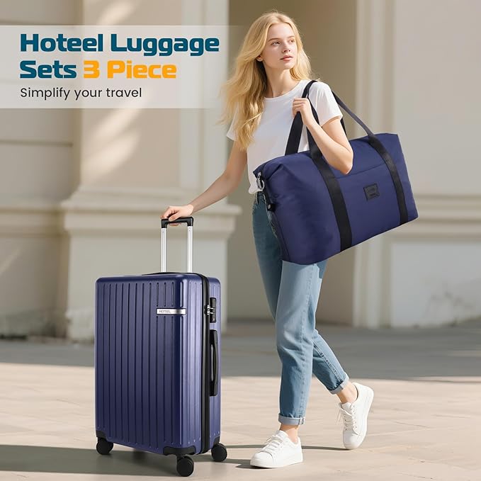 Hoteel Luggage Sets 3 Piece, 4-Yr Warranty, PC+ABS Suitcases with Wheels and Side Hook, Hardshell 20 inch Luggage with Duffel Bag Travel Bag, Dark Blue