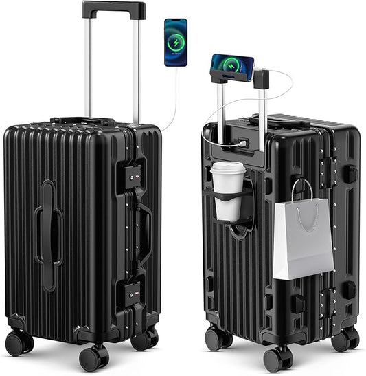 20 Inch Carry On Luggage, Aluminum Frame Zipperless Luggage, Hard Shell Suitcase with Charging Port, Cup Holder, TSA Lock, Phone Holder for Travel and Business Travel