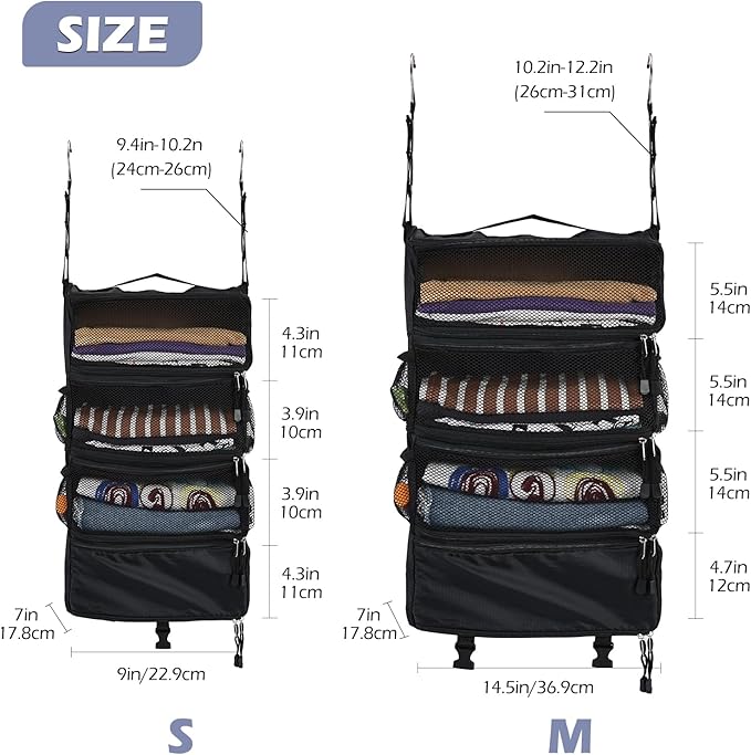 Surblue Travel Hanging Luggage Organizer Portable Suitcase Closet Organizer Multiple Compartments Collapsible Compression Packing Cubes Shelf, Black, M