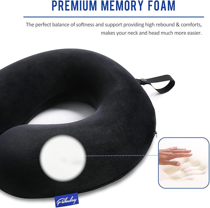 Fabuday Memory Foam Travel Pillows for Airplanes - Neck Pillow for Traveling with Attachable Snap Strap Soft Washable Cover, Flight Pillow for Sleeping, Car, Home, Office, Black