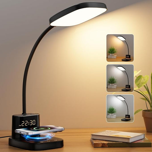 10W Wireless Charging LED Desk Lamp with Clock, Light Black | CRI 95, 800LM, Stepless Dimming, 3 Modes, 360°Flexible Arm, Touch, Study Table Lamp for Home Office, Dorm Room, with Adapter