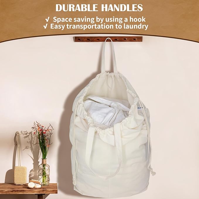 Canvas Laundry Bags with Handles & Square Base 16"Lx16"W x27.6"H, Extra Large Heavy Duty Laundry Basket Hamper Liner, Washable Drawstring Dirty Clothes Bag Canvas Storage Sack(Beige,1 Pack)