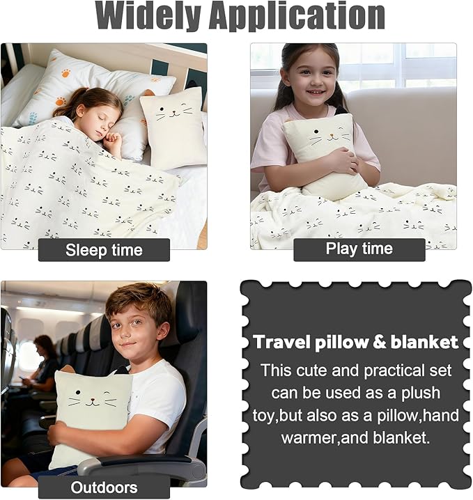 3-in-1 Cat Travel Blanket and Pillow Set for Kids, Soft Snuggle Pillow with Hand Warmer, 40x60 Inch Cute Cat Blanket, Compact for Travel, Camping, Home and Office