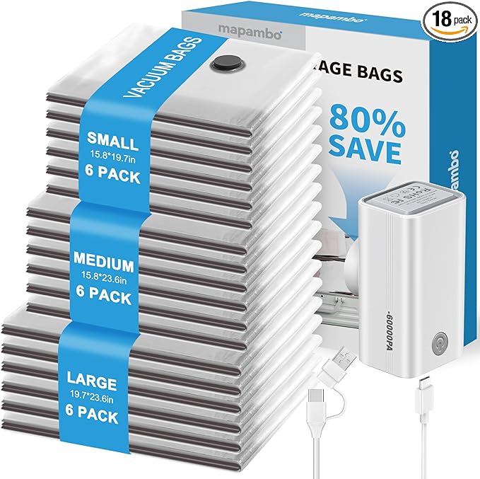 Mapambo Vacuum Storage Bags with -60000Pa USB Pump, 18 Pack Vacuum Seal Bags for Clothing Travel in 3 Sizes, Travel Vacuum Bags with Pump, Saving up to 80% of Luggage Space (18 Combo Size)