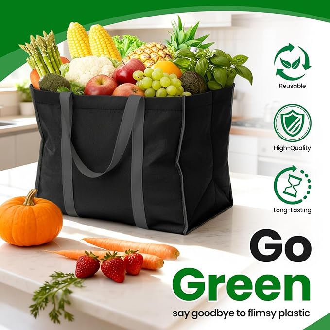 SpaceWhisper Reusable Grocery Bags with Long Handles [10 Pack] - Multipurpose Large Shopping Bags for Groceries, Foldable Grocery Totes Resist Water & Stains for Kitchen, Car Trunk, Picnic (Black)