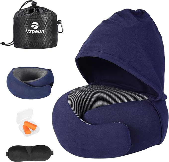 Travel Pillow - Hooded Neck Pillow Airplane Memory Foam Filling for Plane, Office, Cars Sleeping, Road Trip, Long Flights, Portable Plane Accessories, Includes Eye Mask & Earplugs (Navy)
