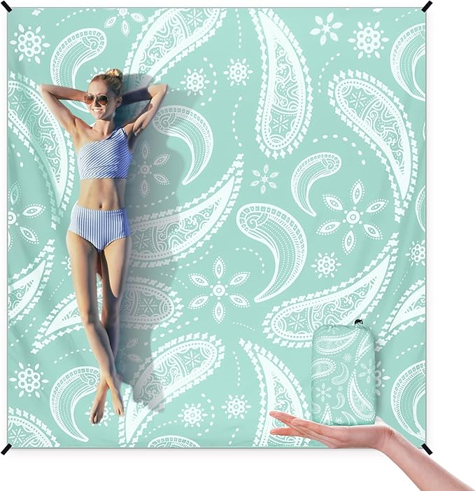 Beach Blanket Sandproof Extra Large Beach Mat Adults Waterproof Quick Drying Sand Free Mat with 4 Stakes & 4 Corner Pockets for Outdoor Travel Camping Hiking White 79" X 83"