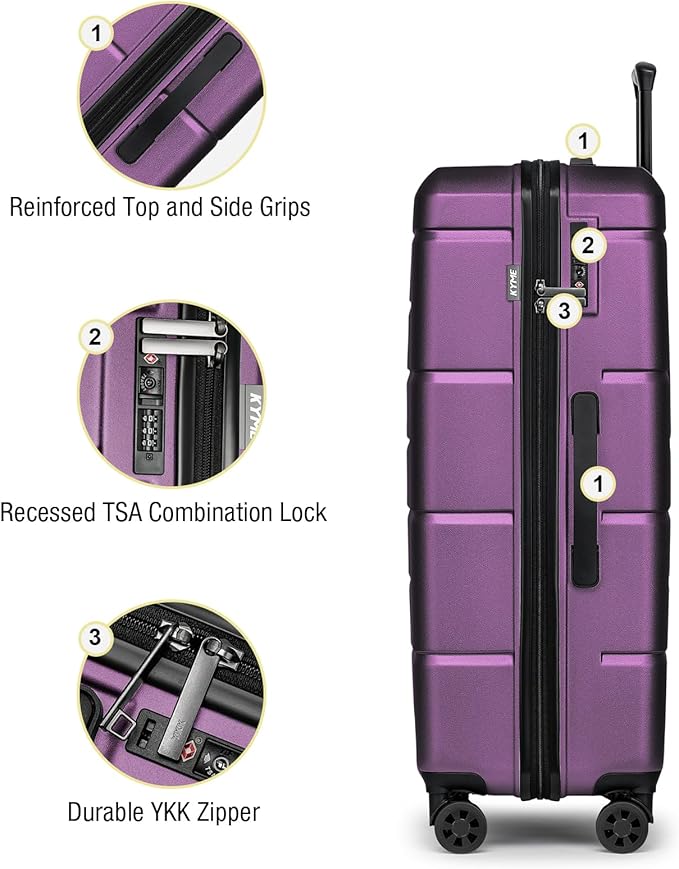 KYME Luggage Sets 3 Piece Hardshell 20"/24"/28" Suitcase with Wheels Hardside Suitcase Set with TSA Lock Large Travel Luggage Set for Women Dark Purple
