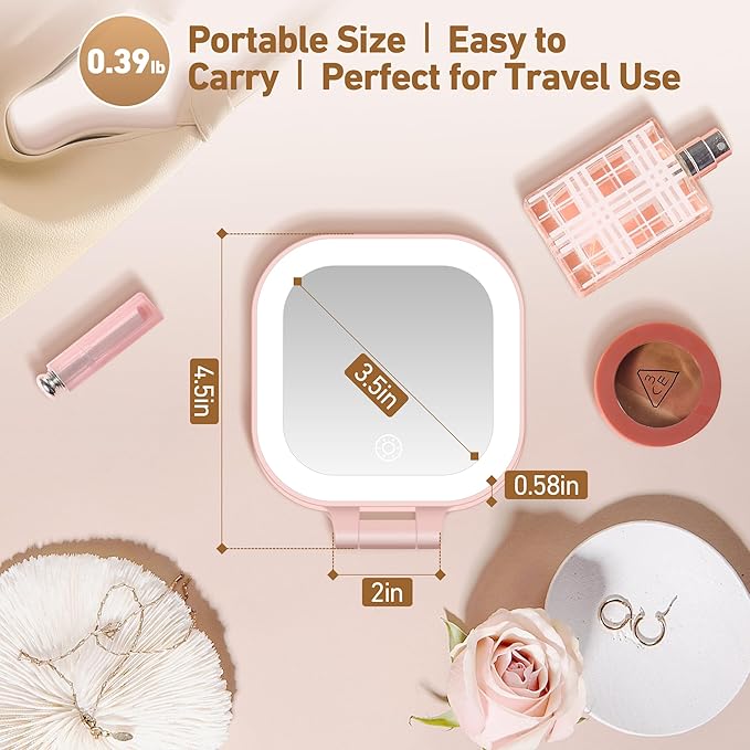 GOMIPURU Travel Mirror with Light, 1x/30x Magnifying Mirror with 3 Color Lights and Adjustable Brightness, 4.5x3.9 inch Small Compact Hangable Hand Pocket 3 Way Mirrors, Comes with Tweezer