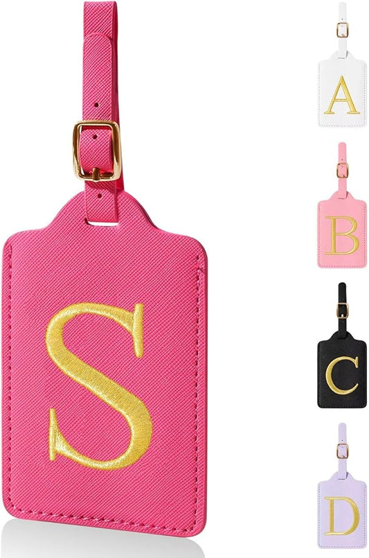 Personalized Initial Luggage Tags for Suitcases,Leather Letter Cute Luggage Tags with Privacy Name Card,Embroidered Monogrammed Travel Bag Backpack Tag Gifts for Women Kids Girls Teens(Rosered-S)