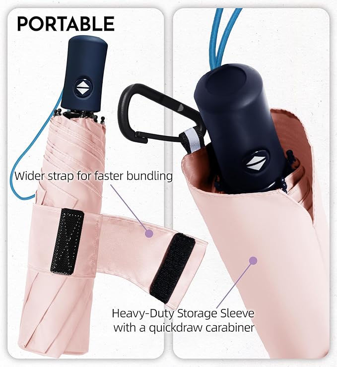 Windproof Travel Umbrella for Rain - 43" Compact Folding Umbrella, Reinforced Strong Frame, Lightweight Portable Parasol with UPF 100+ UV Sun Protection, Cruise Ship Essentials
