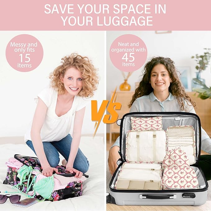 KPX 8 Set Packing Cubes for Travel, Luggage Packing Organizers Accessories Large Toiletries Bag for Clothes Shoes Cosmetics (8Set-Flower & Bow)