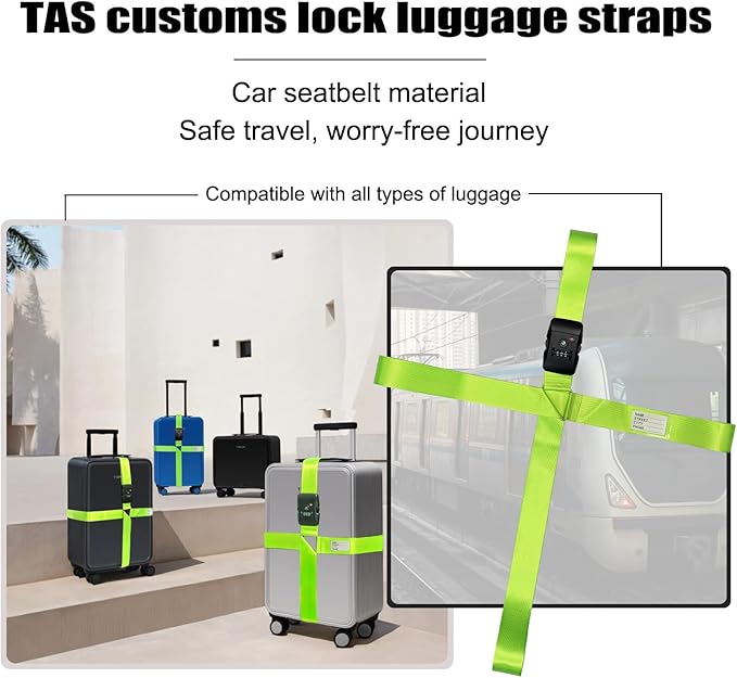 Luggage Straps TAS,Travel Strap with Name tag,Easy to Identify,Luggage Straps TSA Approved with Lock,Combination Luggage Lock with Adjustable Length,Compatible with 20-34 inch Luggage(Green 1 Pack)