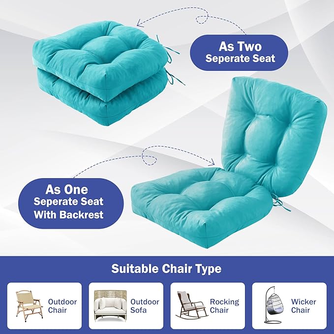 Outdoor Chair Cushions Set of 2, Patio Chair Cushions with Ties, 19x19+5” Tufted Outdoor Seat Cushions, Waterproof Patio Furniture Cushions, Outdoor Dining Chair Pads, Teal