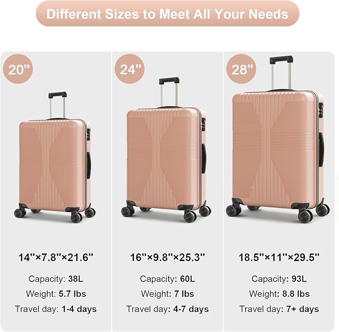 Karl home Luggage Sets 3 Piece, PP Hard Case Suitcase Set with Built-in Lock Spinner Wheels, Lightweight Durable Carry on Luggage for Business Travel - Light Pink (20"/24"/28")