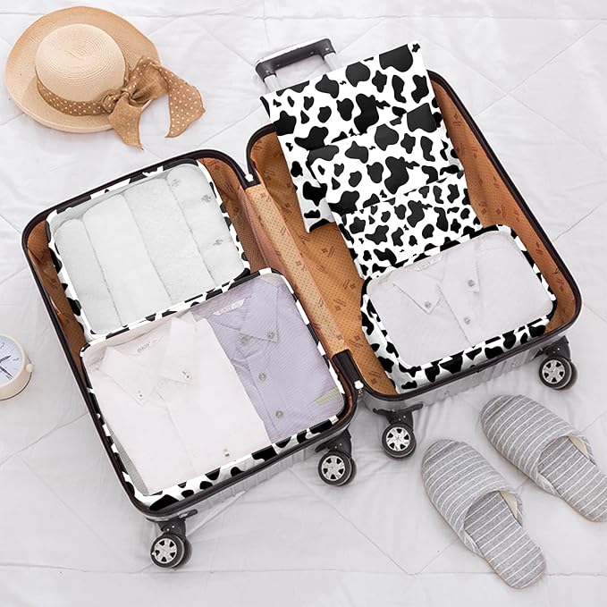 7 Set Packing Cubes Travel Luggage Organizers for Suitcase Travel Accessories with Shoe Bag for Women Girls Aesthetic Cute-Black White Cow Pattern