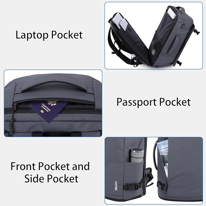 HOMIEE Travel Backpack 40L TSA Friendly Flight Approved Carry-on Luggage, Waterproof Business Computer Backpack Fits 17.3 Inch Laptop, Extra Large Weekender Bag with Shoe Compartment, Grey