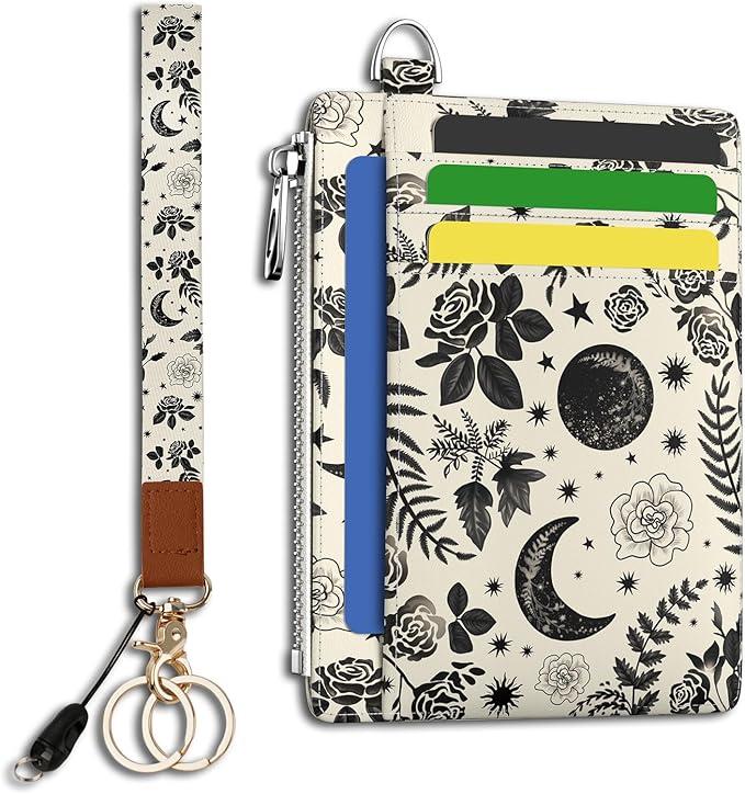 Hancynir Goth Moon Floral Slim Wallet Women Credit Card Holder, RFID Blocking Front Pocket Wallet Wristlet Keychain Lanyard, Small Cute Mini Card Case, Thin Travel Zipper Coin PU Leather Ladies Gifts