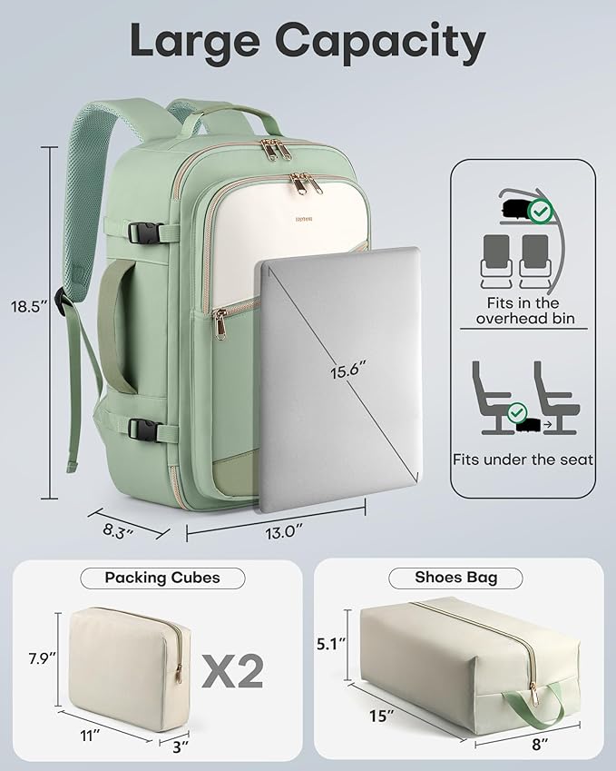 HOTOR Travel Backpack for Women – TSA-Friendly Travel Bag with Multiple Compartments & 3 Packing Cubes, Water-Resistant & Comfortable, Perfect for Travel Essentials, Green, 18.5" x 13.0" x 8.3"