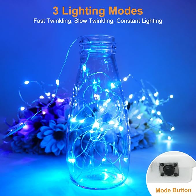 btfarm 12 Pack Fairy Lights Battery Operated Twinkle Lights with 3 Modes | 7Ft 20 Led String Light, Waterproof Mini Silver Wire for Christmas Mason Jars Wedding Table Centerpiece, Blue