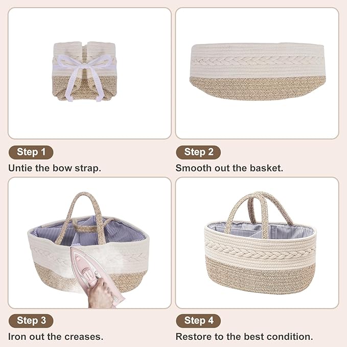Baby Diaper Caddy Organizer, Portable Nursery Storage Basket with Changeable Compartments, 100% Cotton Woven Rope Baskets, Car & Changing Table Tote, Newborn Gift